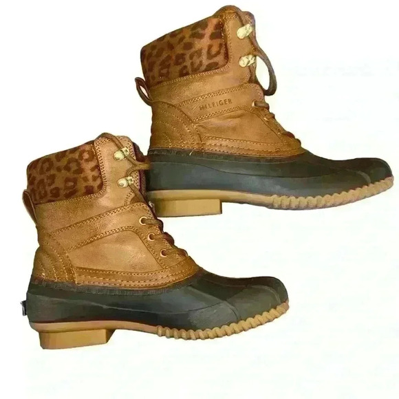 Tommy Hilfiger Womens Lined Duck Boots Size 9 Brown Leopard Print Active outdoor - Picture 1 of 8